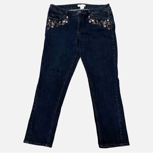 Democracy Dark Blue Girlfriend Leg Jeans with Floral Embroidery Size 16